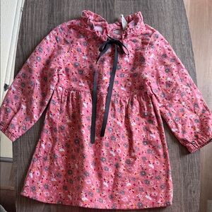Girls' Pink Floral Ruffle Collar Dress with Bow